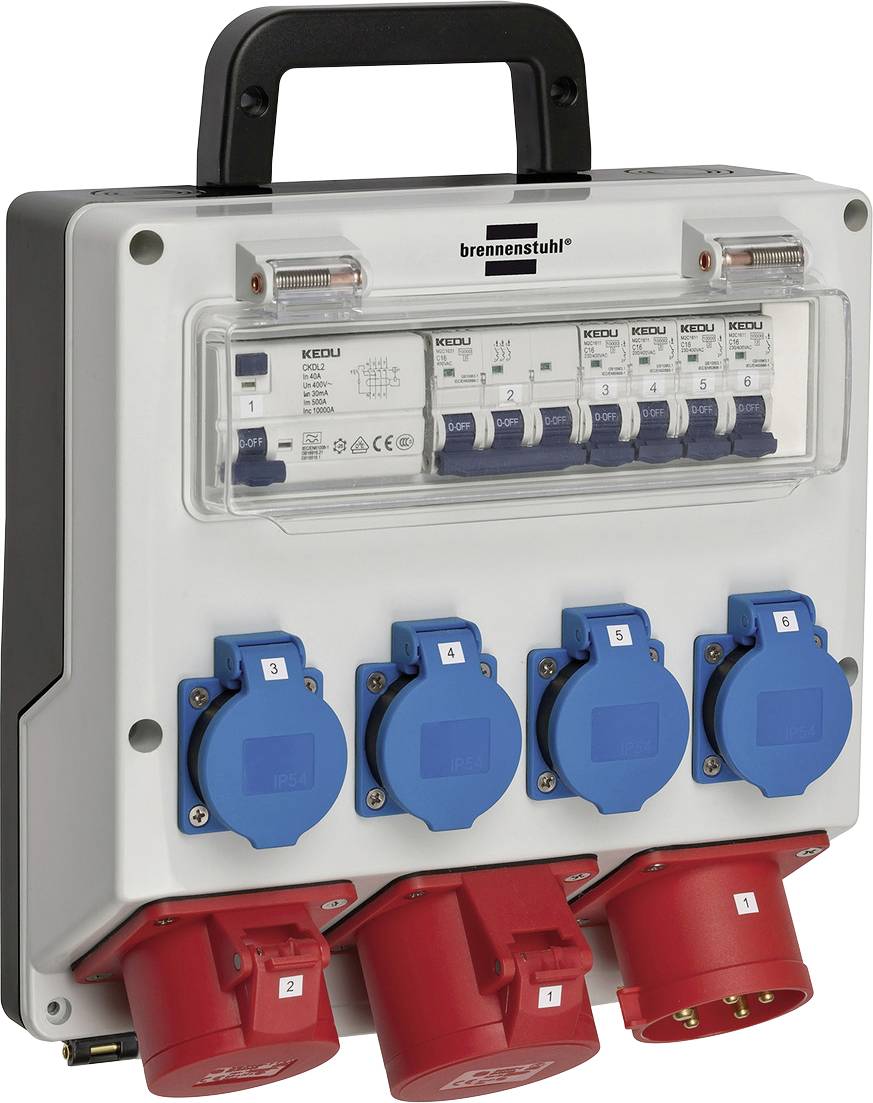 Boîte de distribution électrique portable avec poignée, disjoncteurs et six prises d'alimentation codées par couleur sur le devant.