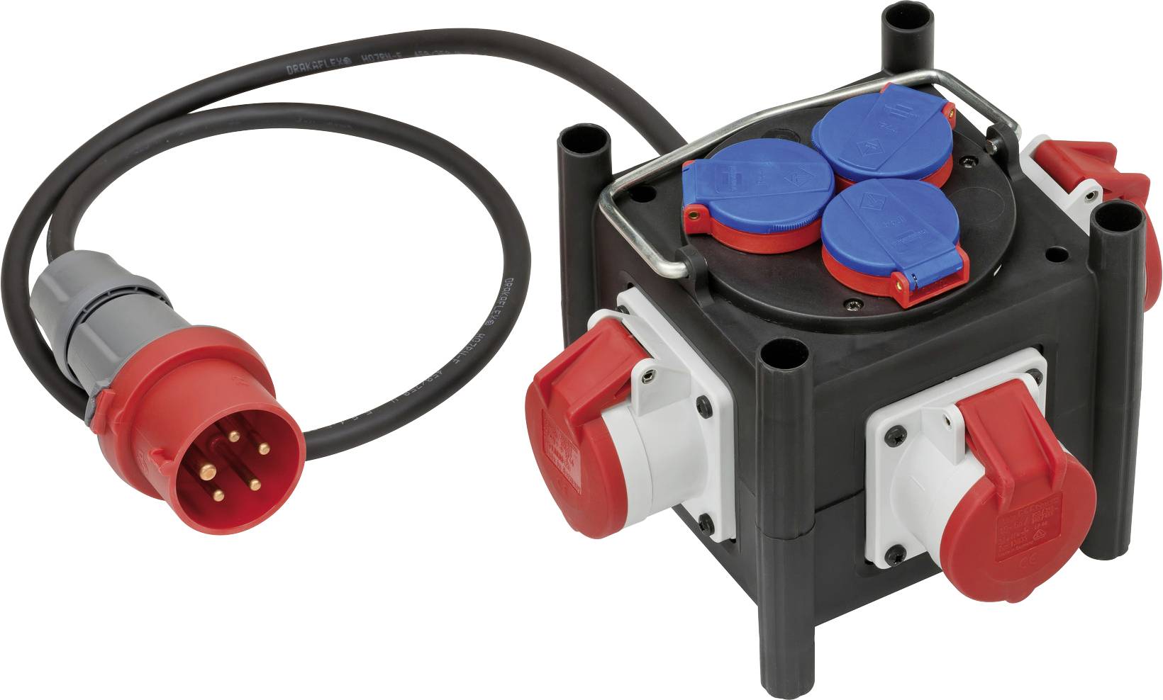 Boîtier distributeur de puissance électrique industrielle avec connecteurs CEE rouge et blanc et câble attaché sur fond blanc