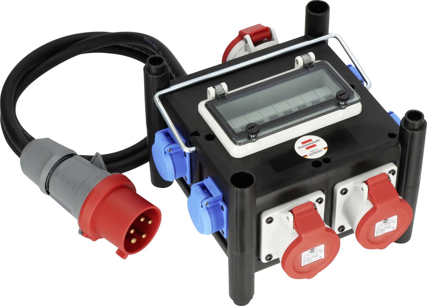 Boîte de distribution électrique portable avec poignée, câble d'alimentation épais, et plusieurs prises industrielles rouges et bleues sur un boîtier noir.