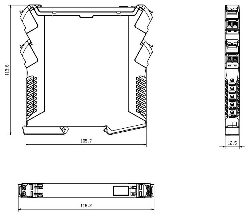 Dessin technique d'un boîtier de dispositif électronique indiquant les dimensions : 113,6 mm de hauteur, 119,2 mm de largeur, 12,5 mm de profondeur.