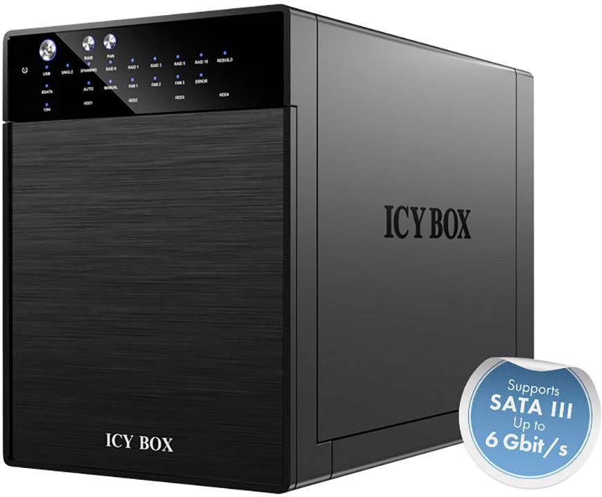 Boîtier 'ICY BOX' avec un panneau avant brillant, des voyants lumineux et un emblème : « Prend en charge SATA III jusqu'à 6 Gbit/s ».
