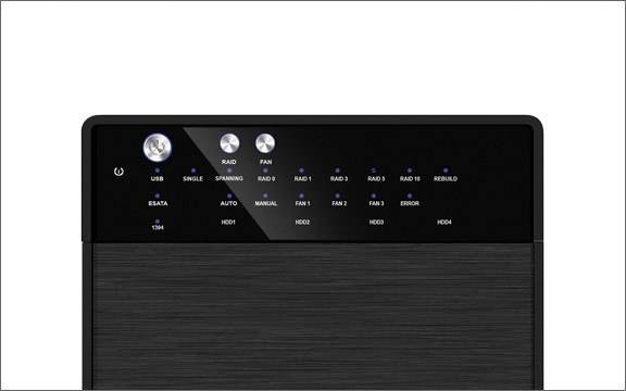 Boîtier d'ordinateur noir avec panneau de commande. Comprend des touches et des LED pour contrôler les modes de ventilateurs et RAID, avec des étiquettes pour différents lecteurs.