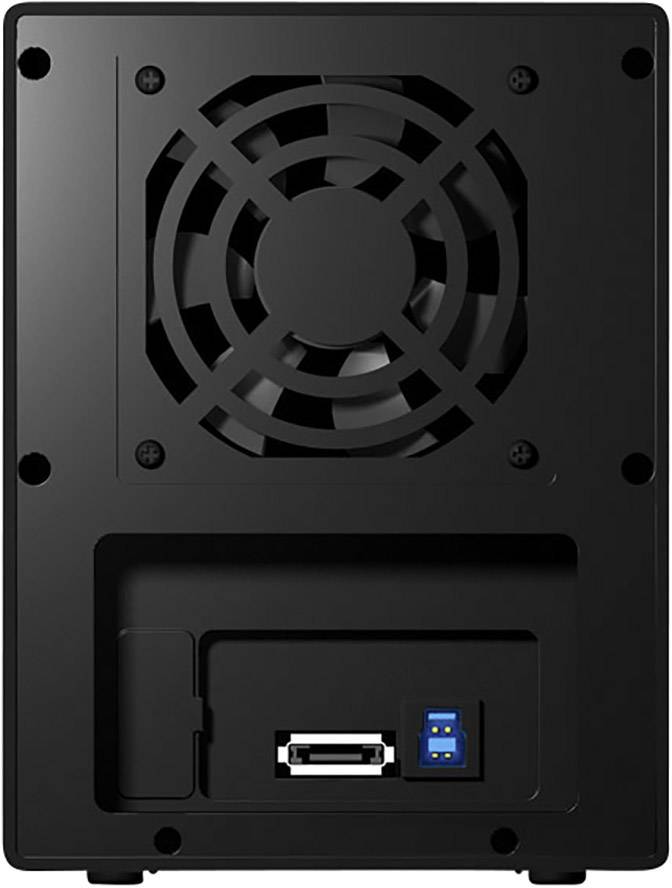 Dos d'un appareil électronique avec un grand ventilateur en haut et plusieurs ports en bas, notamment USB et eSATA.