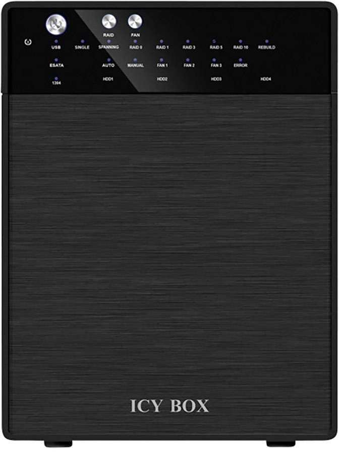 Boîtier externe noir pour disque dur avec plusieurs voyants pour USB, RAID, ventilateur et statut du disque. Nom de la marque en bas : ICY BOX.