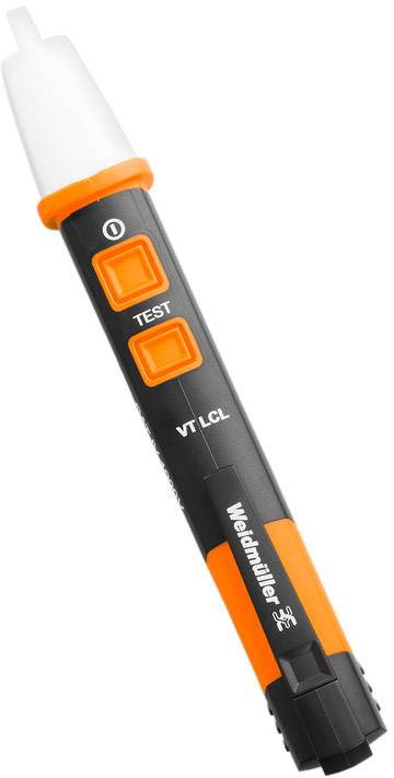 'Testeur de tension avec boîtier noir et orange, deux boutons portant les inscriptions 'TEST' et 'VT LCL', utilisé pour vérifier la tension.'