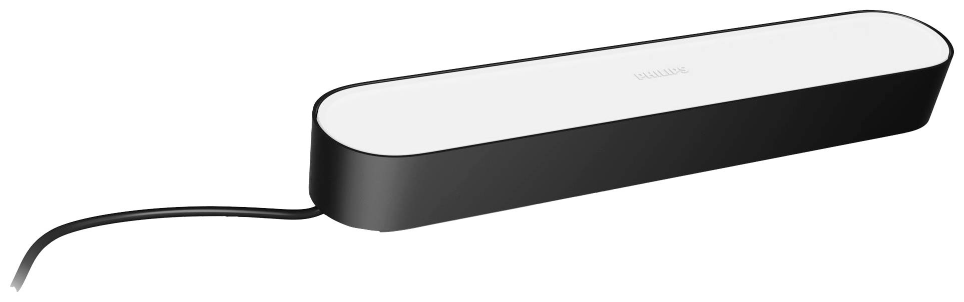 Un bandeau lumineux LED noir allongé avec des coins arrondis et un câble sur le côté gauche. L'appareil est fin et au design moderne.