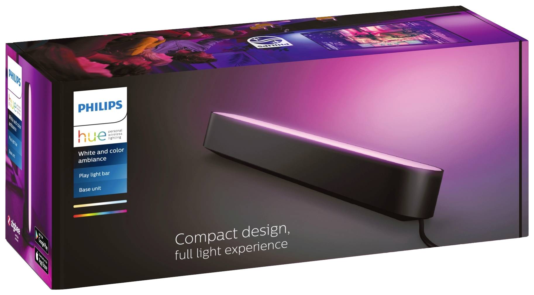 Barre lumineuse Philips Hue Play en emballage noir, fait la promotion d'un « Design compact, expérience lumineuse complète ».