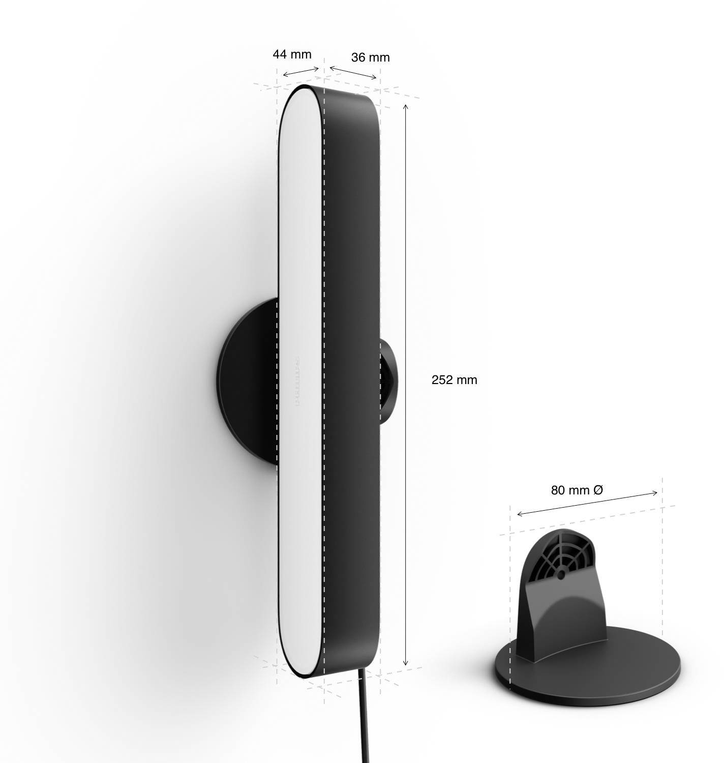 Vue latérale d'une lampe LED noire verticale avec dimensions : hauteur 252 mm, largeur 44 mm, profondeur 36 mm. Module de base rond de 80 mm.