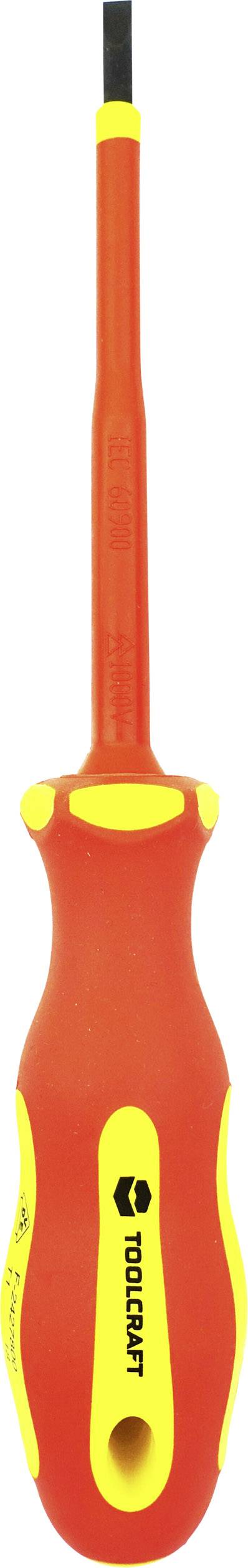 Un tournevis rouge et jaune avec une poignée isolée et un embout plat, adapté aux travaux électriques.