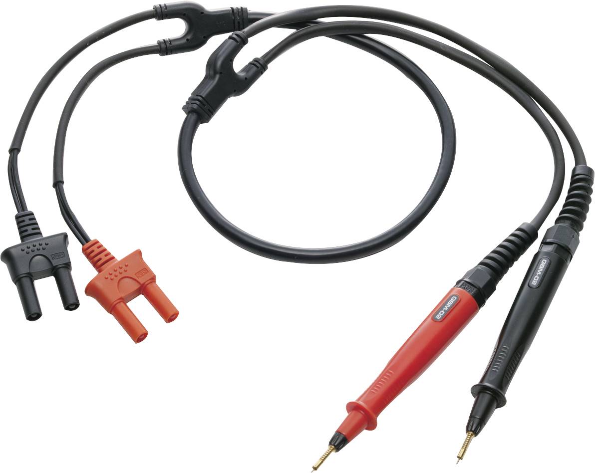 Jeu de câbles de mesure noir et rouge avec deux pointes et fiches, utilisé pour les mesures électriques en laboratoires et ateliers.