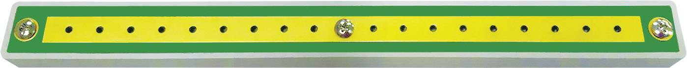 Une longue bande rectangulaire, verte avec un centre jaune, présente des trous uniformément répartis et deux vis à ses extrémités.