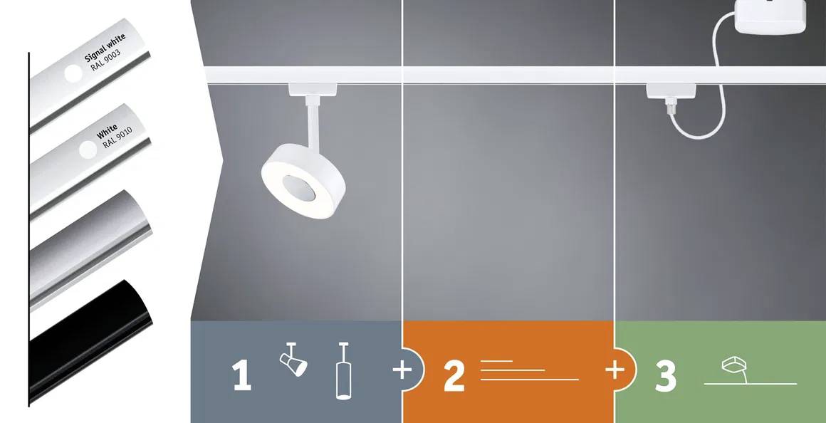 La figure montre un système de rails avec des projecteurs blancs. Trois couleurs métalliques sont disponibles. Étapes de montage : choisir le système, installer, fixer les projecteurs.