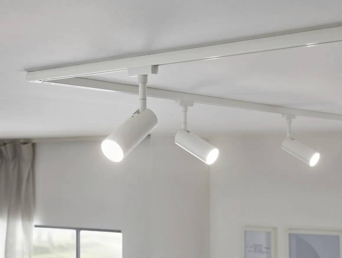 Trois projecteurs LED plafonniers lumineux sur une rails, éclairent une pièce. Un rideau gris et une fenêtre sont visibles en arrière-plan.
