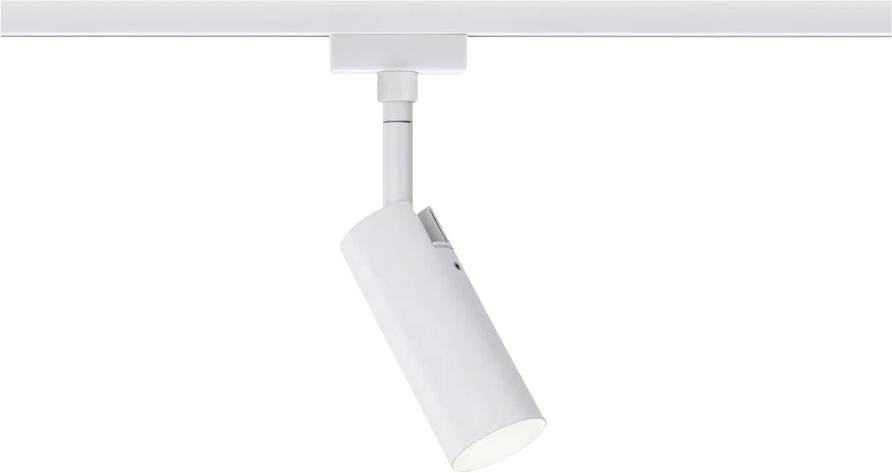 Un projecteur de plafond blanc au boîtier cylindrique, monté sur rail et dirigé vers le bas. Adapté pour un éclairage directionnel.
