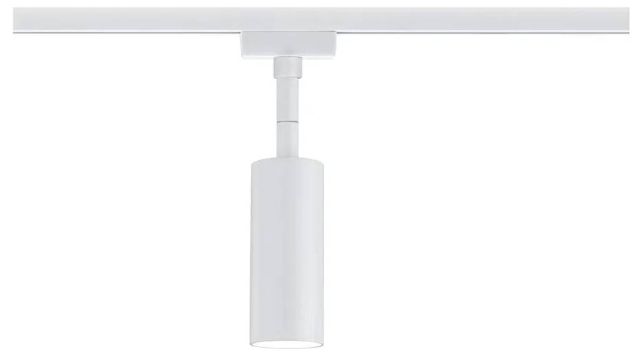 Un luminaire cylindrique blanc fixé sur un rail ; design moderne et minimaliste.