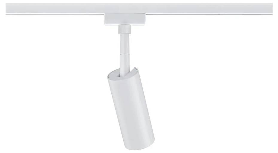 Spot de plafond en métal blanc avec une tête de lampe cylindrique, monté sur un rail.