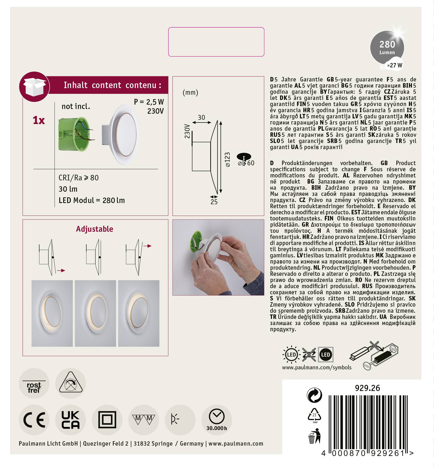 Module LED avec 280 lumens, 2,5 W, 230 V. IRC/Ra ≥ 80, 30 lm/W. Instructions de montage et détails ajustables illustrés. 5 ans de garantie.