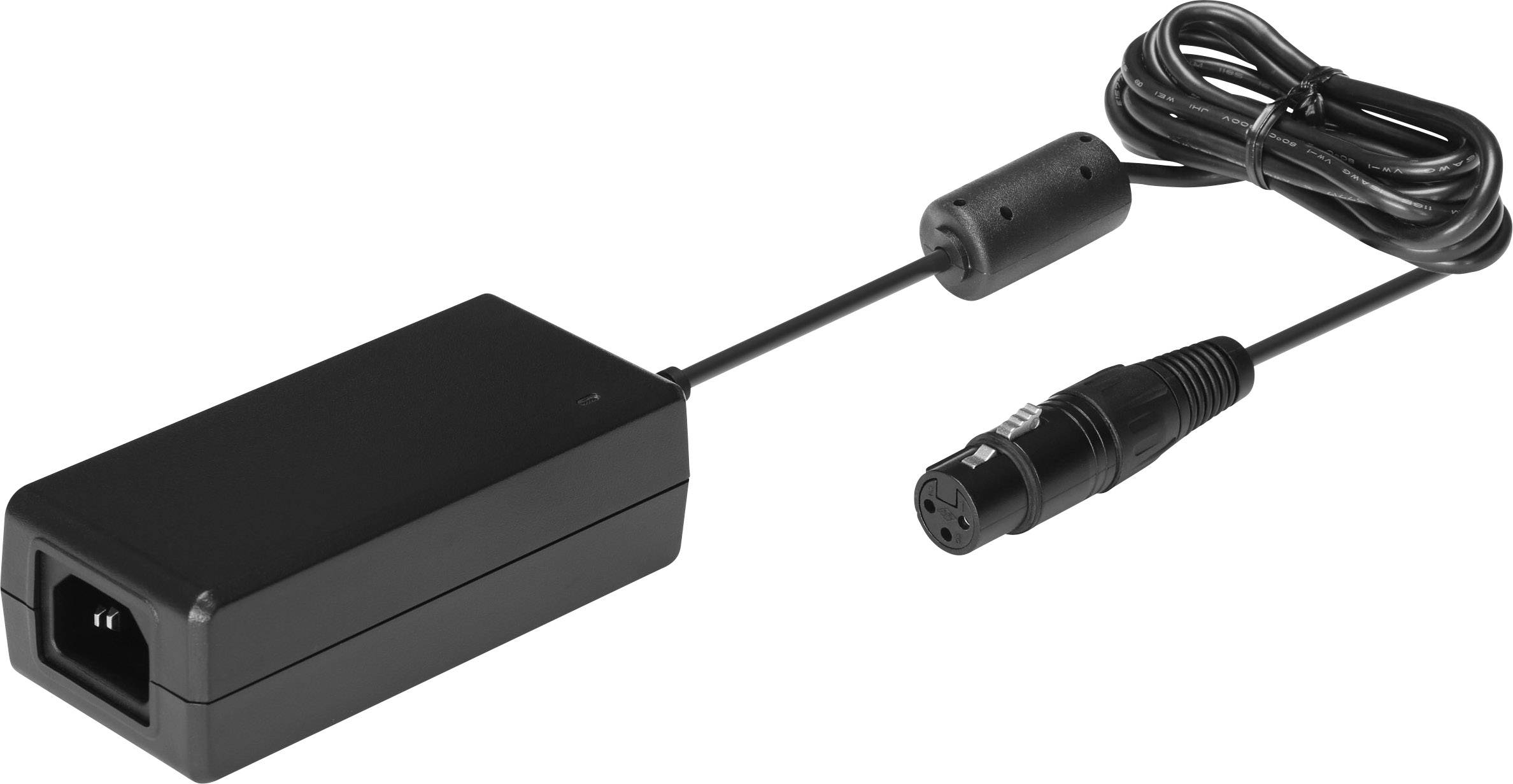 Un adaptateur secteur noir avec deux câbles, une connexion conductrice et une fiche ronde pour appareils électroniques.