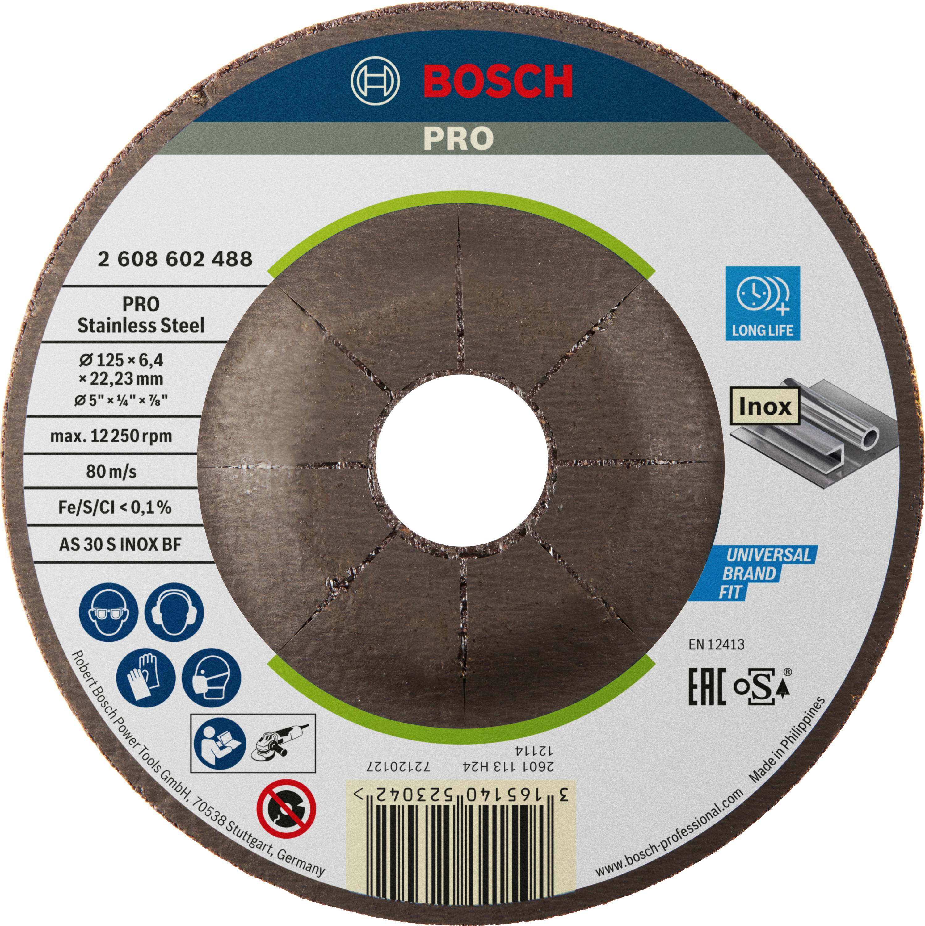 Disque à tronçonner en acier inoxydable, marque Bosch Pro, diamètre 125 mm, épaisseur 6,4 mm. Adapté aux meuleuses d'angle, haute durabilité.