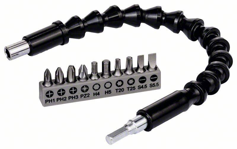 Extension flexible avec différents embouts de vis, incluant des options cruciformes et Torx, pour des applications polyvalentes.