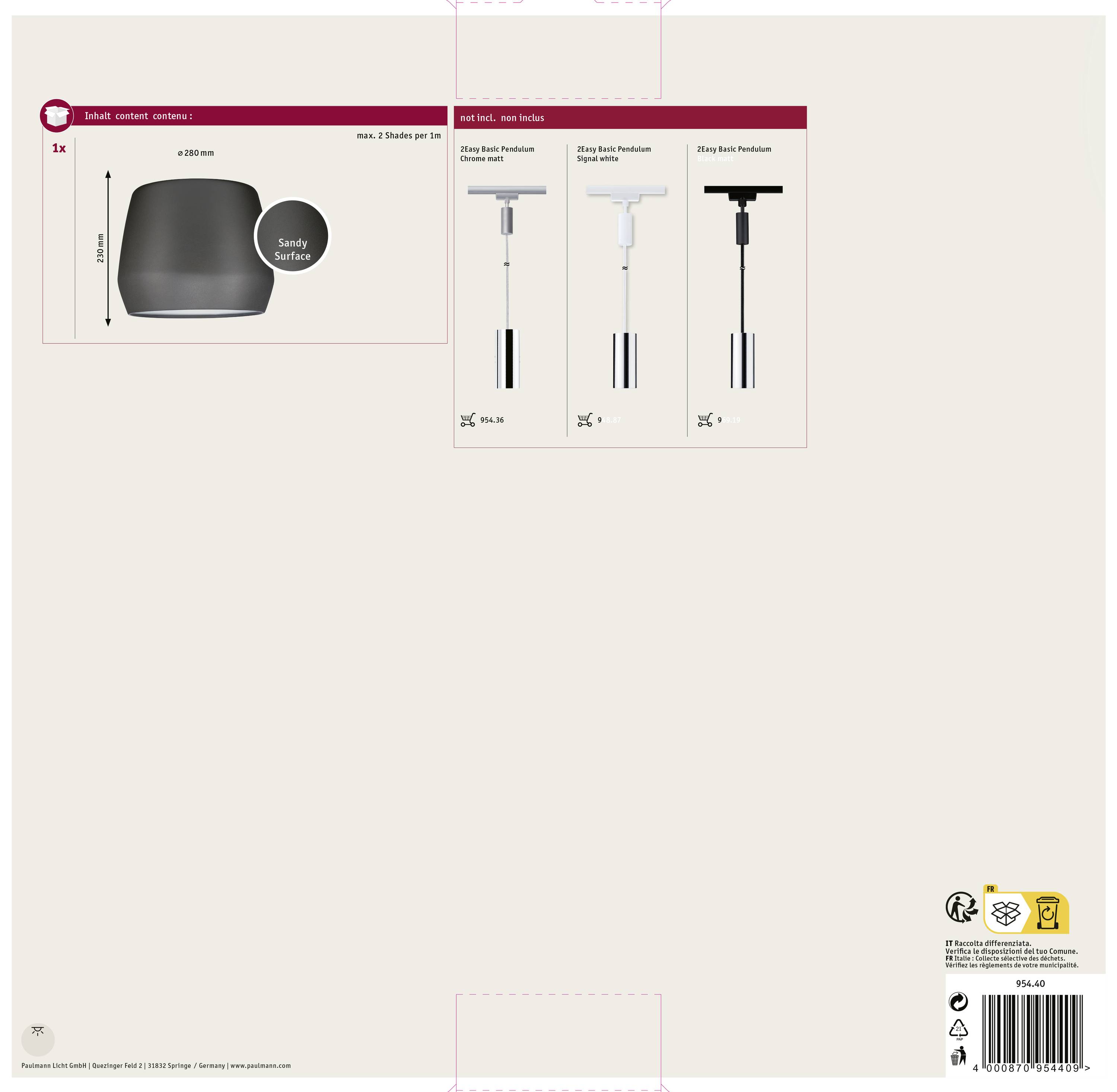 Paulmann Pirm 95440 Elément pour système d'éclairage sur rail haute tension Abat-jour gris foncé (mat)