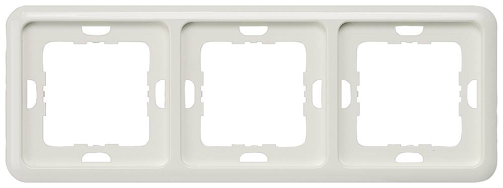 Cadre triple en plastique dans des tons blancs, adapté pour le montage de trois interrupteurs électriques ou prises de courant.