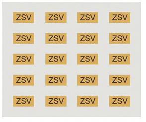 Une feuille comportant plusieurs autocollants identiques, chacun présentant le sigle noir 'ZSV' sur un fond orange.