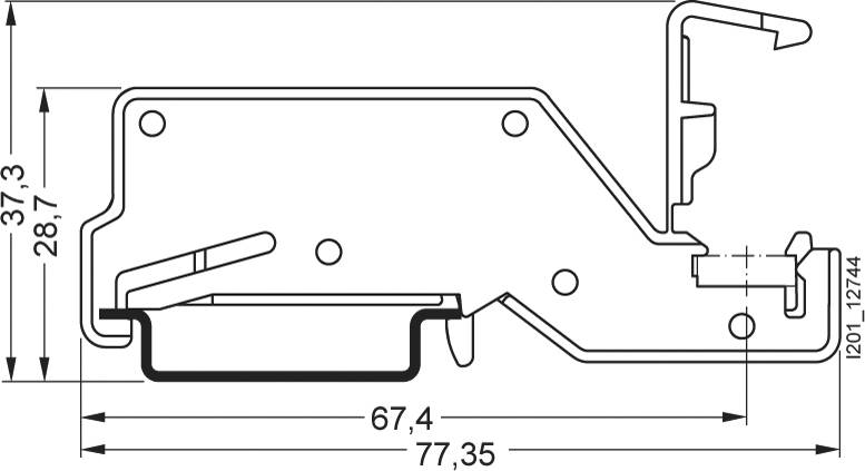 Dessin technique d'une coupe de profil avec les dimensions indiquées : 67,4 mm de longueur, 37,3 mm et 28,7 mm de hauteur.