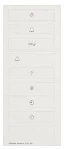 Une porte blanche avec huit plaques de sonnette sans nom, chacune portant un symbole différent.