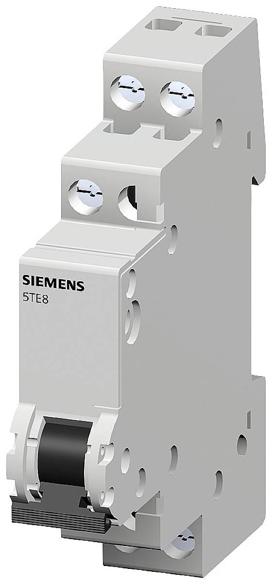 Un disjoncteur Siemens 5TE8 en gris. Il dispose de deux bornes en haut et d'un grand bouton de commutation noir en bas.