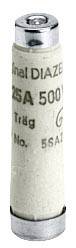 Fusible type 'Diazed', 25A, 500V, forme cylindrique avec capuchons métalliques, texte 'Träg'. Utilisé dans les boîtes à fusibles électriques.