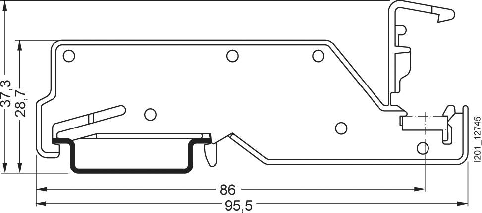 Dessin technique d'un profilé métallique avec dimensions : longueur 95,5 mm, hauteur 28,7 mm. Présente les connexions et les éléments de fixation.