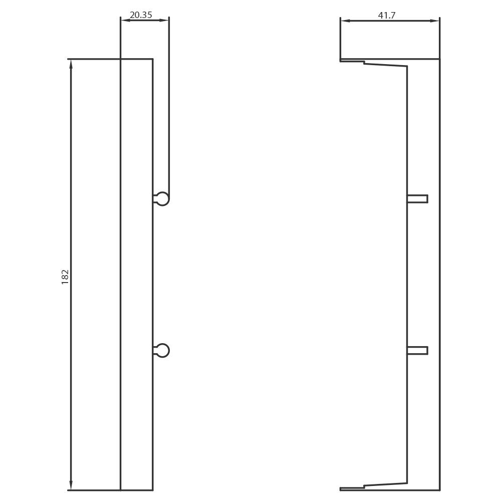 Dessin technique d'un profil rectangulaire avec dimensions : 182 longueur, 20,35 largeur à gauche, 41,7 largeur à droite. Vue latérale et vue frontale.