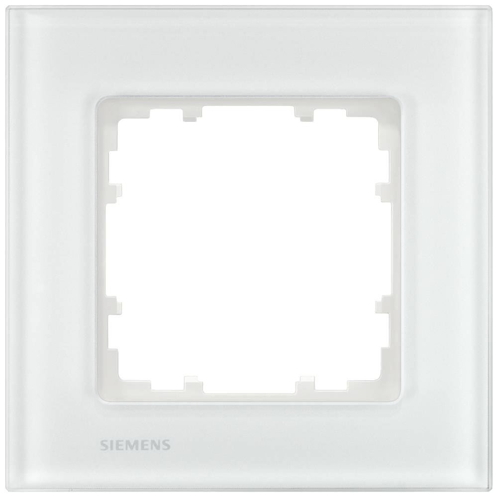 Une plaque de prise Siemens blanche, carrée avec des coins arrondis, montre l'espace vide destiné à l'installation d'un interrupteur.