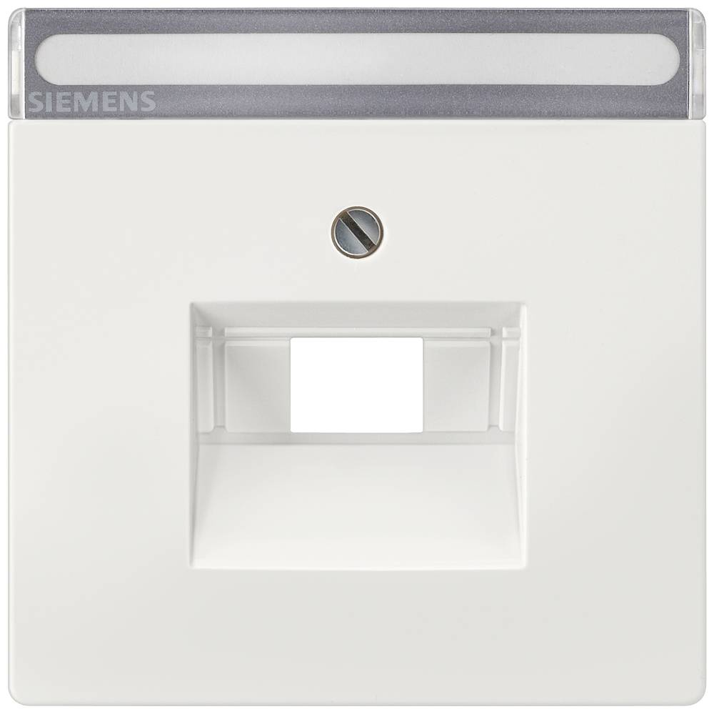 Couvercle de prise électrique blanc de Siemens avec une ouverture carrée au centre et une vis argentée au-dessus.