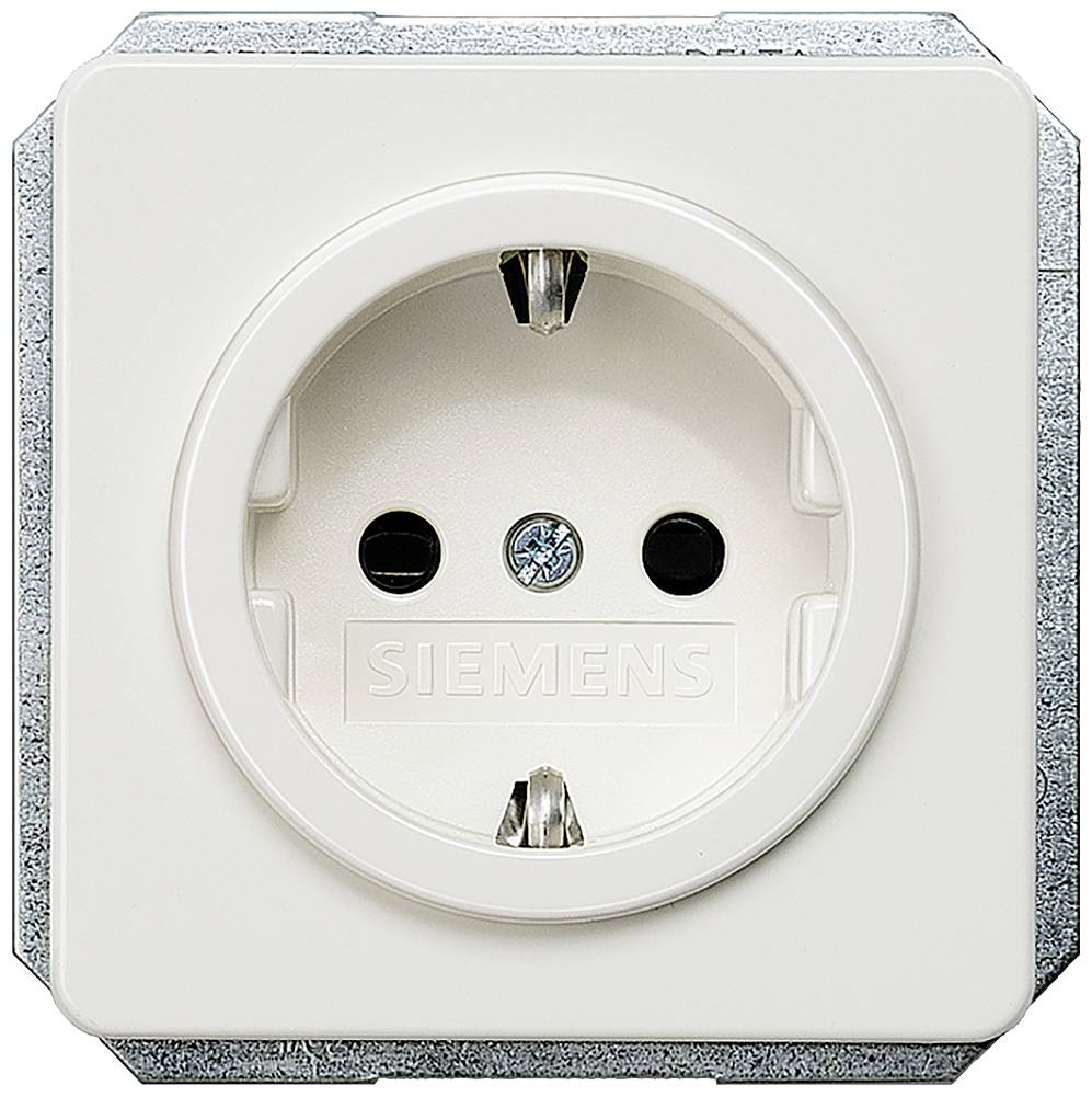 Prise électrique blanche de Siemens avec terre et deux trous, montée sur un support métallique.