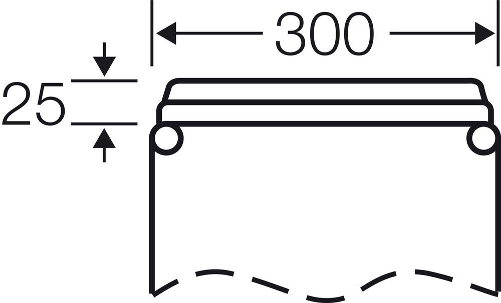 Dessin technique d'une coupe transversale avec dimensions : largeur 300 mm, hauteur 25 mm. Le tracé des lignes met en évidence les détails des couches et l'épaisseur du matériau.