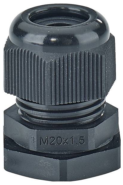 Presse-étoupe noir avec un filetage de taille 'M20x1,5', présentant un design rainuré sur la partie supérieure, destiné à la fixation sécurisée des câbles.