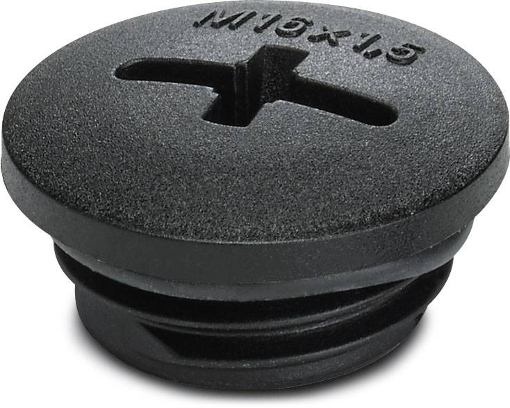 Bouchon en plastique noir avec fente cruciforme et inscription moulée 'M16x1.5'.