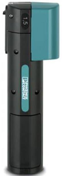Un appareil noir avec un couvercle de protection turquoise, ressemblant à un vaporisateur. On peut y lire 'Dr. Schmidt'.