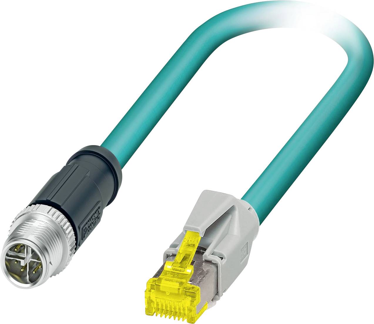 « Un câble Ethernet industriel de couleur bleu-vert avec un connecteur circulaire métallique à une extrémité et une fiche RJ45 jaune à l'autre extrémité. »