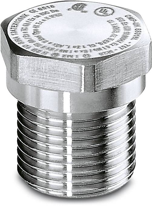 Bouchon à vis hexagonal en métal avec filetage et informations techniques gravées sur le dessus.