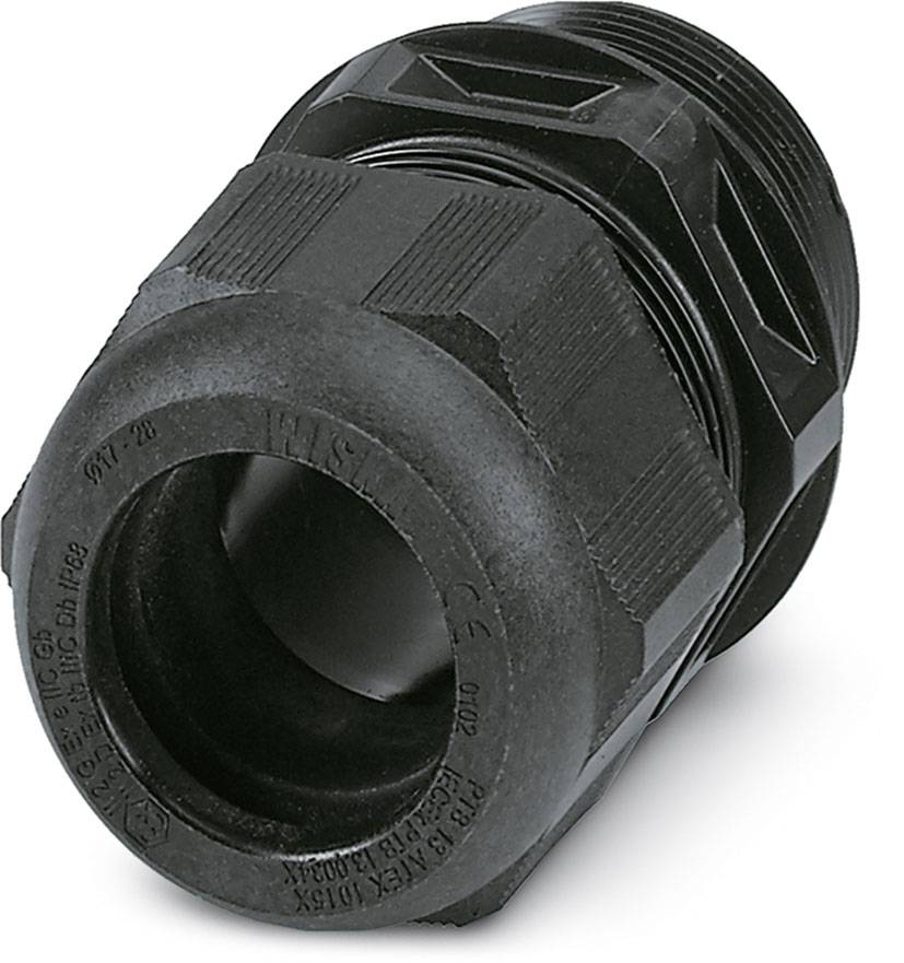 Presse-étoupe en plastique noir filetée, utilisée pour sécuriser et étanchéifier les câbles dans les boîtiers électriques.