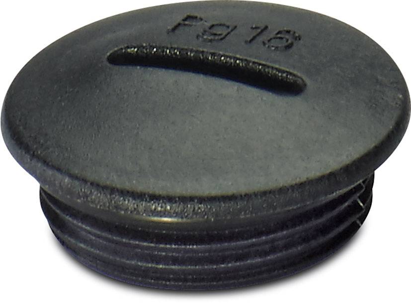 Un bouchon à vis noir en plastique. Surface supérieure avec fente et inscription 'Pg16'. Utilisé pour obturer des ouvertures.