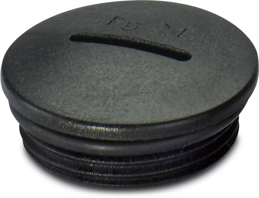 Un couvercle noir rond en plastique avec un bord strié et une fine fente au centre, probablement un obturateur.