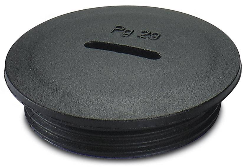 Pièce ronde en plastique noir avec une fente et l'inscription gravée 'Pg 29'.