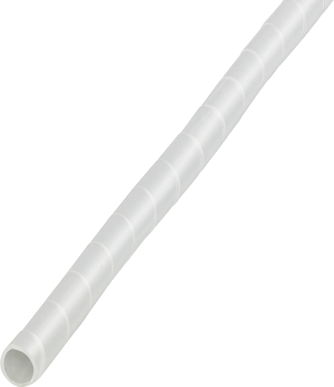 Un enroulement en spirale en plastique blanc et flexible utilisé pour organiser et protéger les câbles et les fils, présenté en bobine sur une surface blanche.