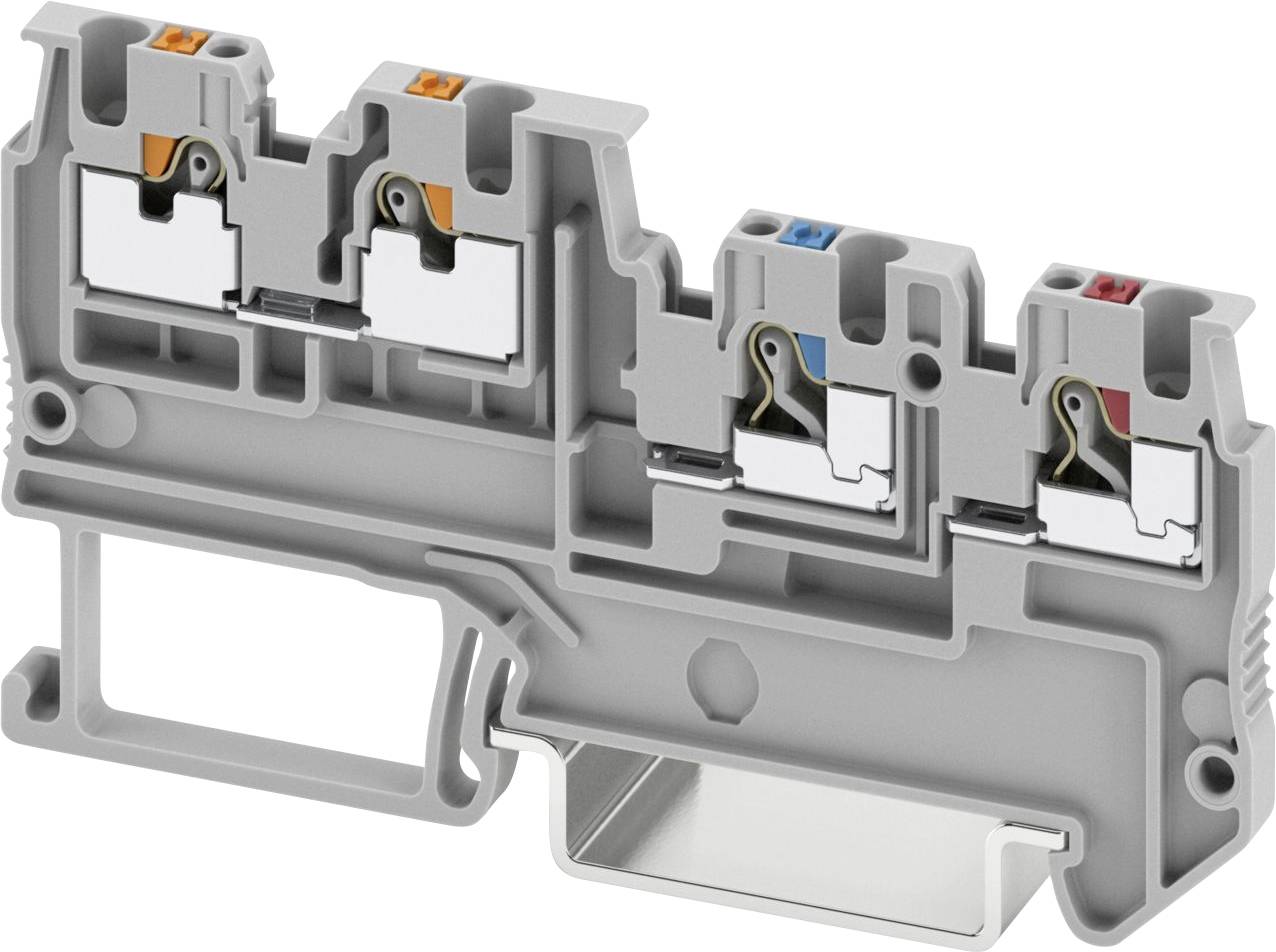 Un bloc de bornes électriques gris avec trois emplacements de fil codés par couleur : orange, bleu et rouge. Conçu pour une utilisation industrielle ou électrique.