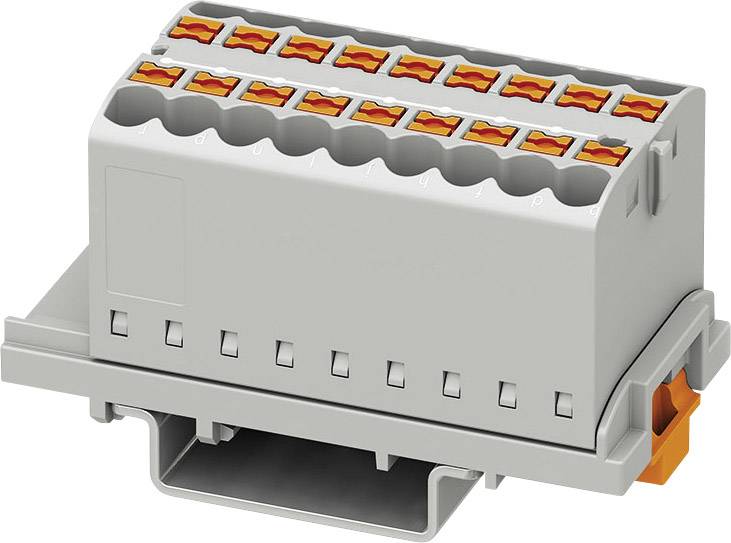 Connecteur électrique gris avec clips oranges. Utilisé pour la connexion de lignes électriques dans les installations.