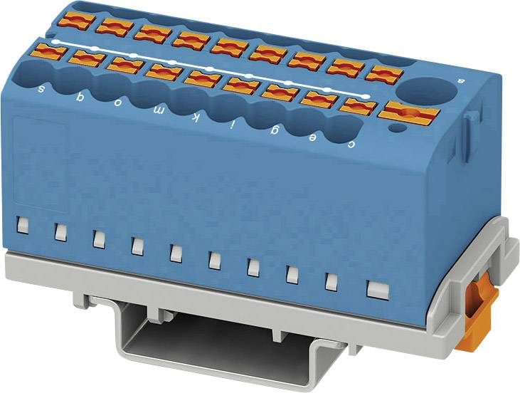 Connecteur électrique bleu, rectangulaire, avec plusieurs bornes et des cosses orange. Monté sur une base grise.